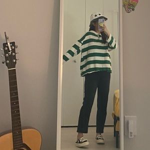 Green and white stripe cotton long sleeve shirt